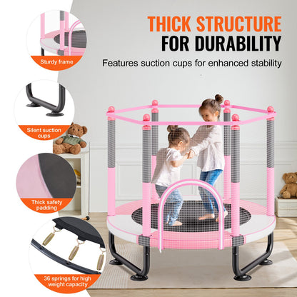 60" barnstudsmatta, 1,5 meter inomhus- och utomhusstudsmatta, mini-studsmatta för småbarn med säkerhetsnät och basketkorg, födelsedagspresenter, julleksaker för barn från 3 år, rosa