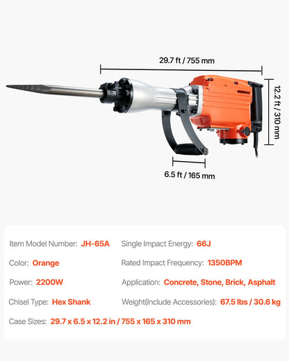 Rivningslyfthammare Betongbrytare 2200W Elektrisk Hammare 6 Mejselbits