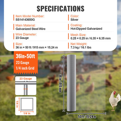 Hardware Cloth, 1/4 inch 36in x 50 ft 23 Gauge, Hot Dipped Galvanized Wire Mesh Roll, Chicken Wire Fencing, Wire Mesh for Rabbit Cages, Garden, Small Rodents