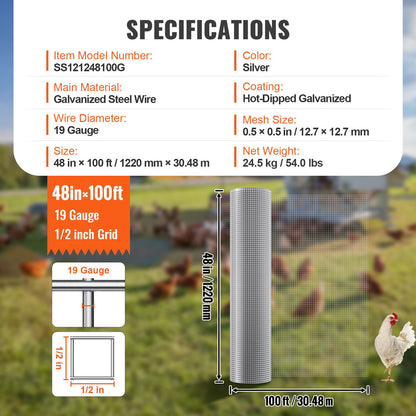 Hardware Cloth, 1/2 inch 48in x 100 ft 19 Gauge, Hot Dipped Galvanized Wire Mesh Roll, Chicken Wire Fencing, Wire Mesh for Rabbit Cages, Garden, Small Rodents
