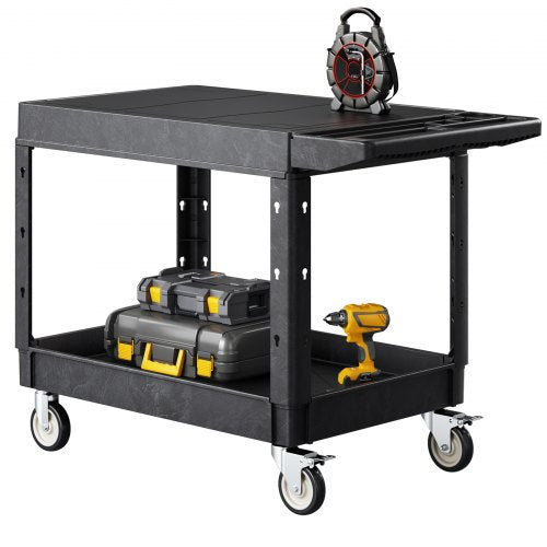 Verktygsvagn, 227 kg lastkapacitet, 94 x 61 cm servicevagn, kraftig verktygsvagn i plast med två hyllor och 360° svängbara hjul (2 med bromsar), lämplig för lager, garage, städning
