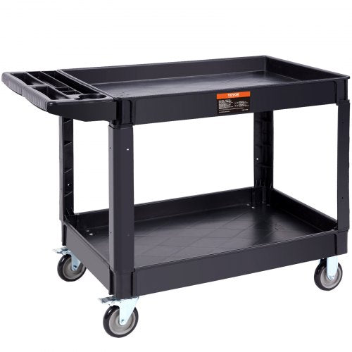 Servicevagn, 2 hyllor 249,5 kg Kraftig rullande verktygsvagn i plast med 360° svängbara hjul (2 med bromsar), stor hylla med kant, ergonomiskt förvaringshandtag för lager/garage/städning
