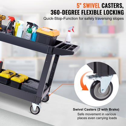 Servicevagn, 2 hyllor 249,5 kg Kraftig rullande verktygsvagn i plast med 360° svängbara hjul (2 med bromsar), stor hylla med kant, ergonomiskt förvaringshandtag för lager/garage/städning
