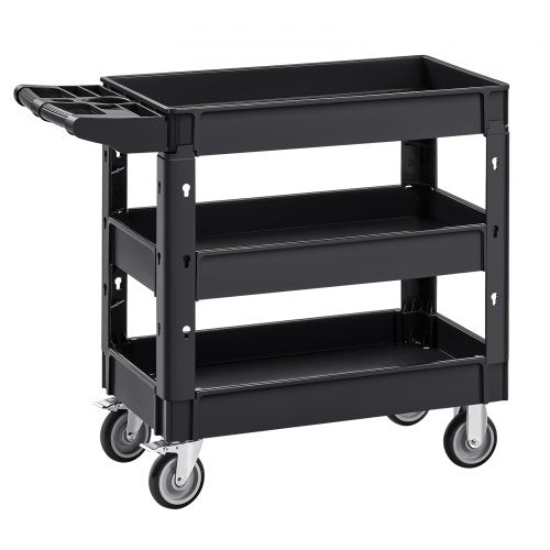 Servicevagn, 550 kg lastkapacitet, 3 hyllplan med kraftig plastrullande verktygsvagn med 360° svängbara hjul (2 med bromsar), ergonomiskt förvaringshandtag för lager/garage/städning