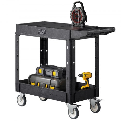 Verktygsvagn, 227 kg lastkapacitet, 84 x 44 cm servicevagn, kraftig verktygsvagn i plast med två hyllor och 360° svängbara hjul (2 med bromsar), lämplig för lager, garage, städning