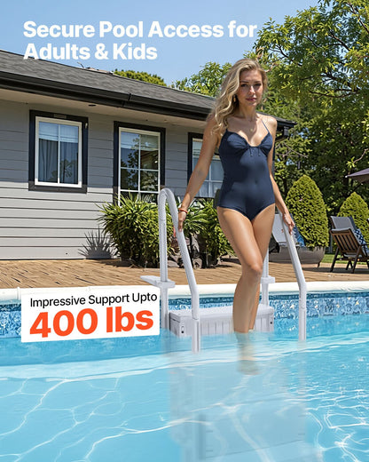 Poolstege, 4-stegs dubbla ledstänger med halkfria, kraftiga steg, pålitlig maxlastkapacitet på 180 kg, för 122-142 cm nedgrävda och ovanmarkspooler på alla typer av däckytor, grå