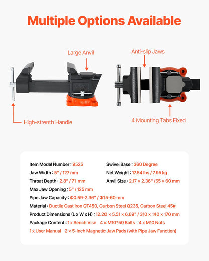 Bänkskruvstycke, 127 mm (5 tum) käftbredd, 127 mm (5 tum) max käftöppning. Multifunktionsskruvstycke med 360° vridbar låsbas, 71 mm (2,8 tum) halsdjup, kraftigt arbetsbänksskruvstycke i segjärn med städ, för fastspänning av runda rör.