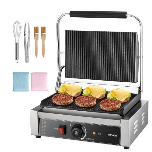 Commercial Panini Grill, 2200W Electric Sandwich Panini Maker, Stainless Steel Sandwichs Press Grill with Handle and Temp Control, 34x23 cm Full Grooved Enamel Plate, for Hamburger Steak Bacon