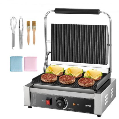 Commercial Panini Grill, 2200W Electric Sandwich Panini Maker, Stainless Steel Sandwichs Press Grill with Handle and Temp Control, 34x23 cm Full Grooved Enamel Plate, for Hamburger Steak Bacon