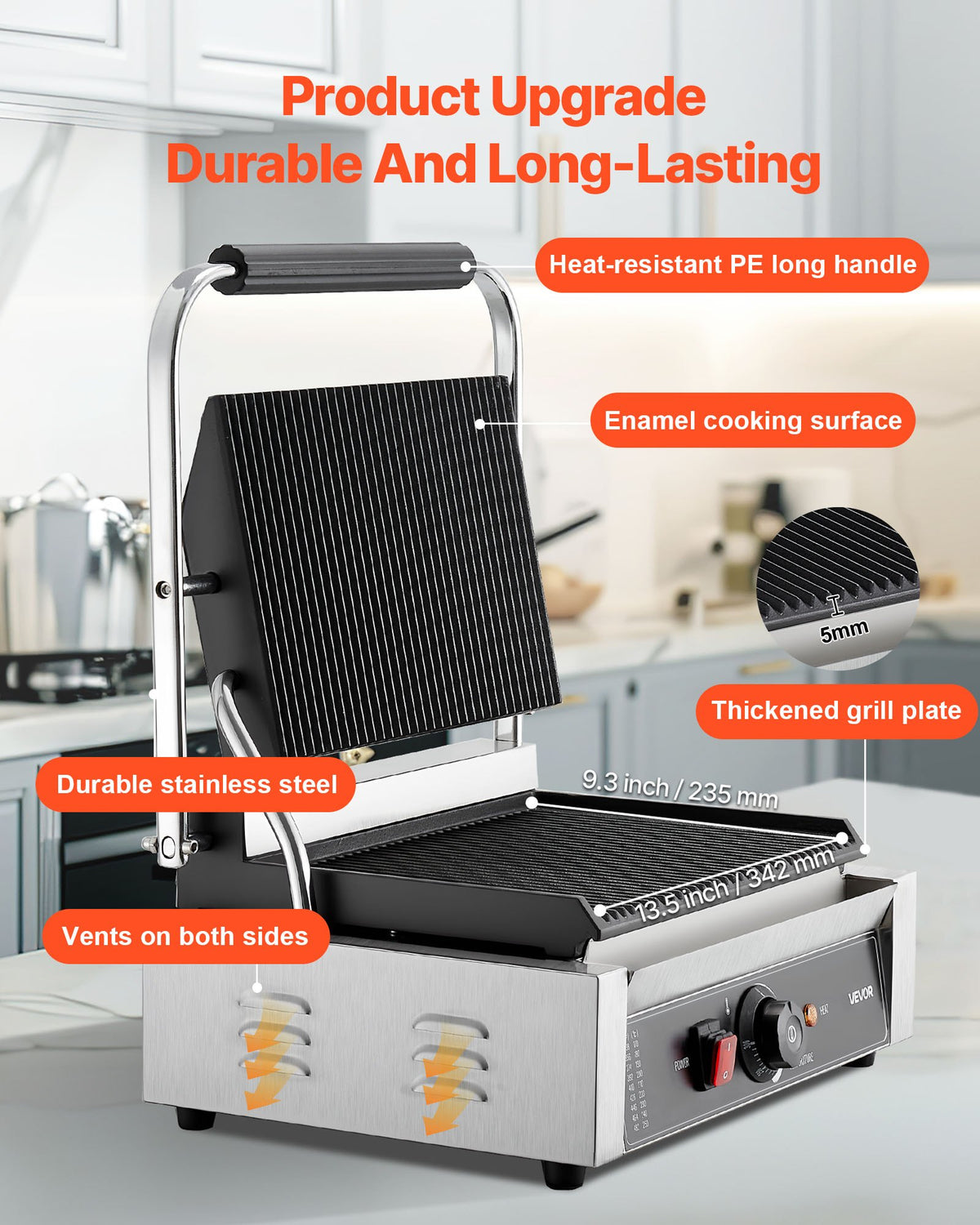 Commercial Panini Grill, 2200W Electric Sandwich Panini Maker, Stainless Steel Sandwichs Press Grill with Handle and Temp Control, 34x23 cm Full Grooved Enamel Plate, for Hamburger Steak Bacon