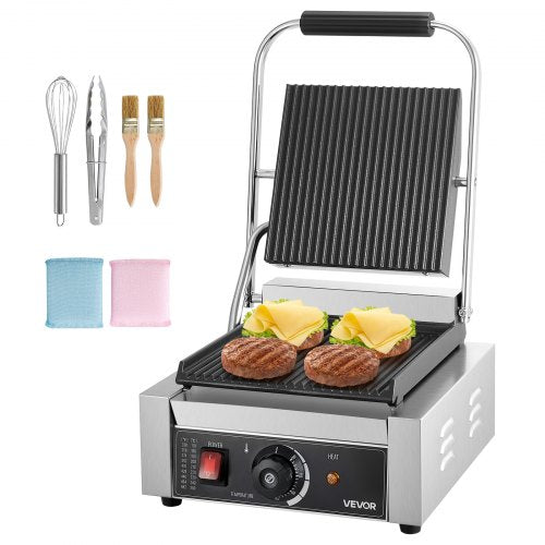 Commercial Panini Grill, 1800W Electric Sandwich Panini Maker, Stainless Steel Sandwichs Press Grill with Handle and Temp Control, 22x23 cm Flat Enamel Plate, for Hamburger Steak Bacon