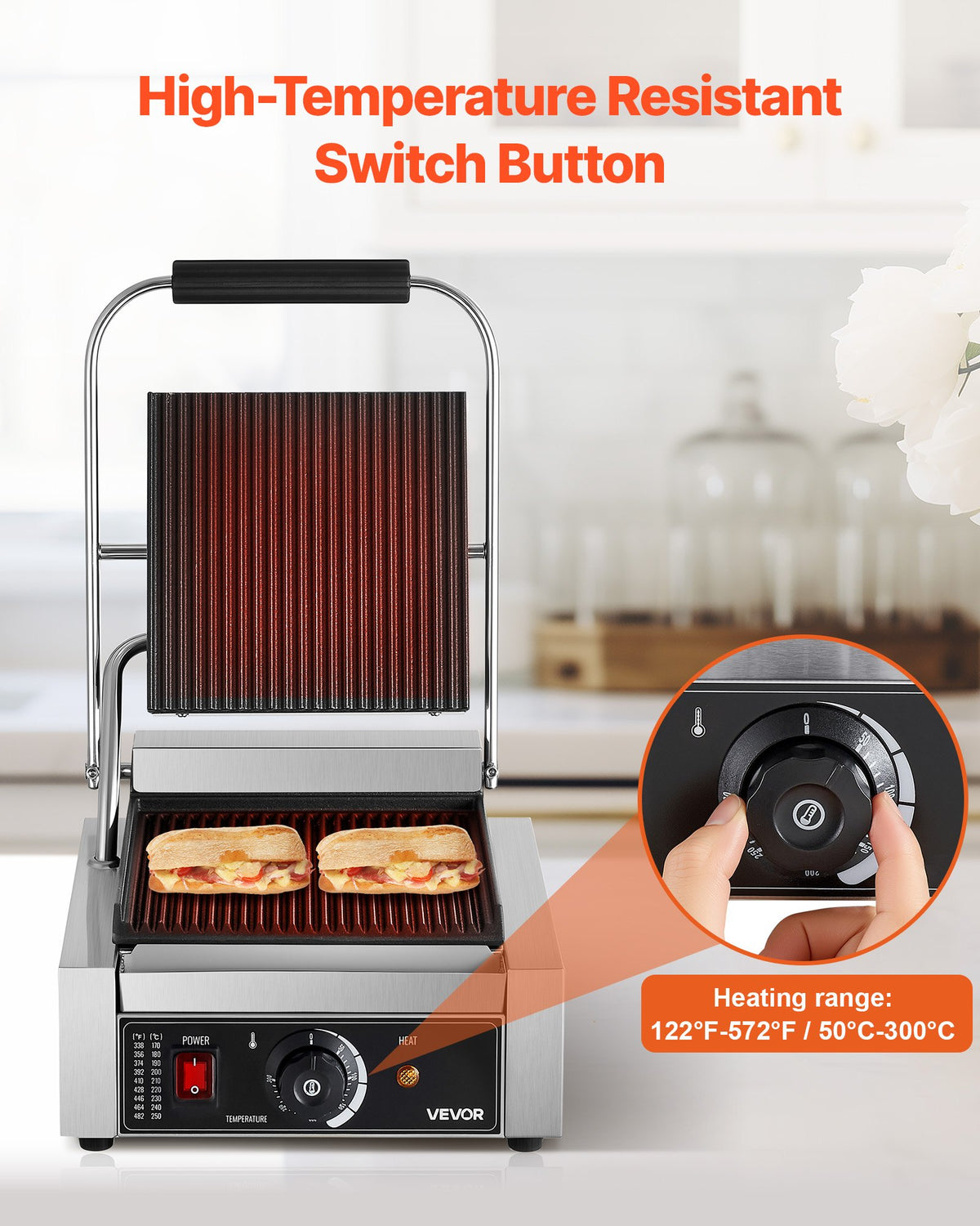Commercial Panini Grill, 1800W Electric Sandwich Panini Maker, Stainless Steel Sandwichs Press Grill with Handle and Temp Control, 22x23 cm Flat Enamel Plate, for Hamburger Steak Bacon