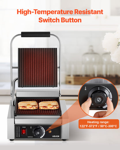 Commercial Panini Grill, 1800W Electric Sandwich Panini Maker, Stainless Steel Sandwichs Press Grill with Handle and Temp Control, 22x23 cm Flat Enamel Plate, for Hamburger Steak Bacon