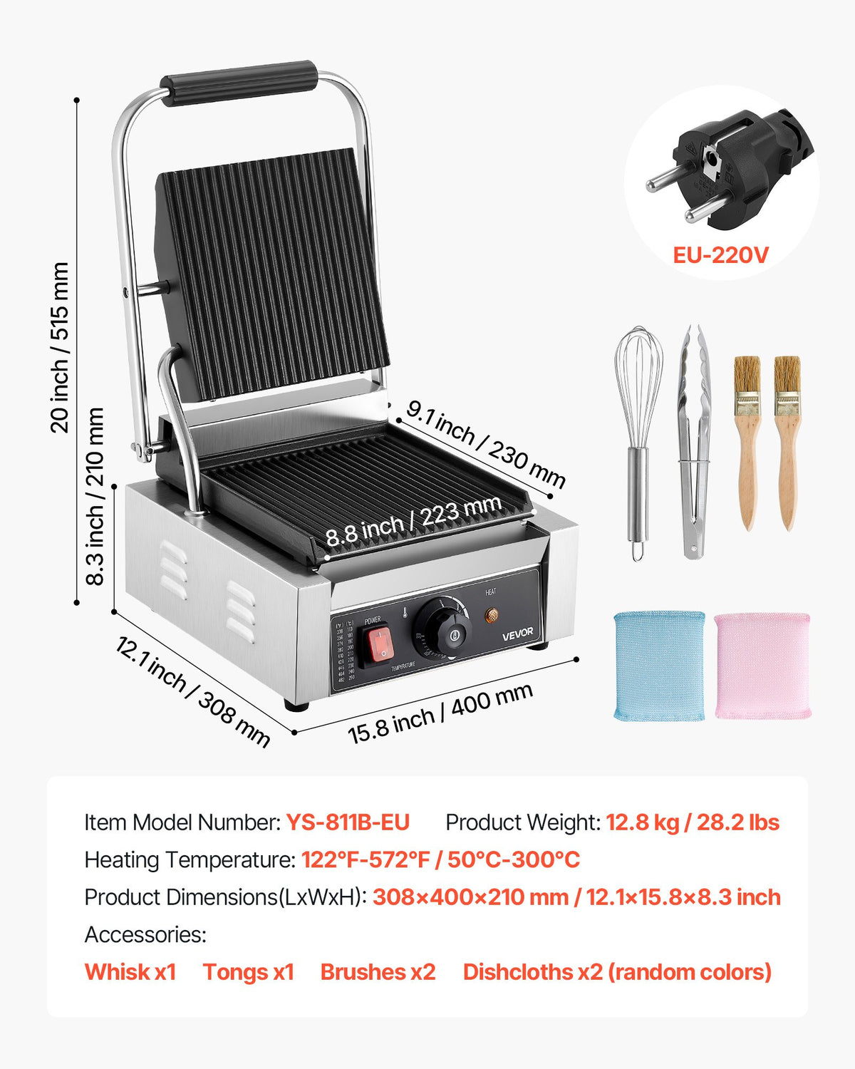 Commercial Panini Grill, 1800W Electric Sandwich Panini Maker, Stainless Steel Sandwichs Press Grill with Handle and Temp Control, 22x23 cm Flat Enamel Plate, for Hamburger Steak Bacon