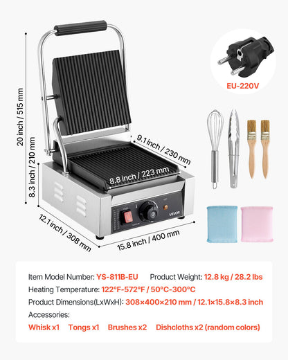 Commercial Panini Grill, 1800W Electric Sandwich Panini Maker, Stainless Steel Sandwichs Press Grill with Handle and Temp Control, 22x23 cm Flat Enamel Plate, for Hamburger Steak Bacon