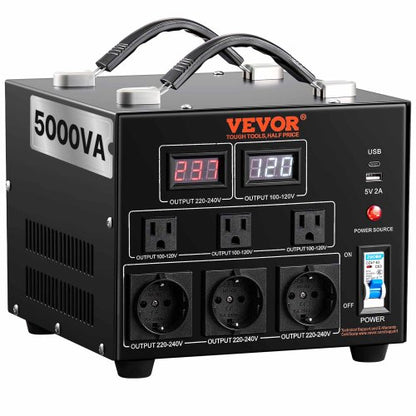 Voltage Converter Transformer, 5000VA, Heavy Duty Step Up/Down Transformer, Convert from 110 Volt to 220 Volt and from 220 Volt to 110 Volt, with US Outlet EU Outlet 5V USB Port, CE Certified