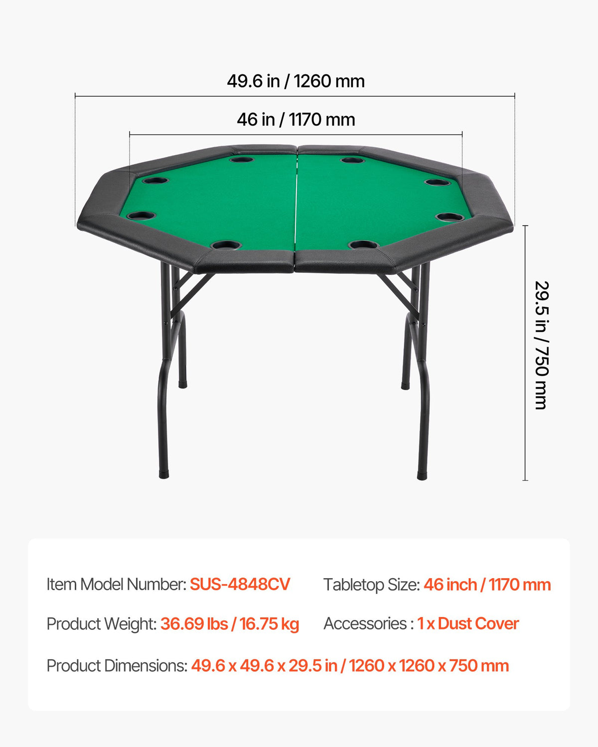Hopfällbart pokerbord, 8 spelares 1220 mm hopfällbart kasinobord med vadderade skenor och mugghållare, åttkantiga bärbara spelbord med filt- och metallben, för Texas Hold'em-spel och Blackjack