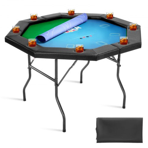 Hopfällbart pokerbord, 8 spelares 1220 mm hopfällbart kasinobord med vadderade skenor och mugghållare, åttkantiga bärbara spelbord med filt- och metallben, för Texas Hold'em-spel och Blackjack