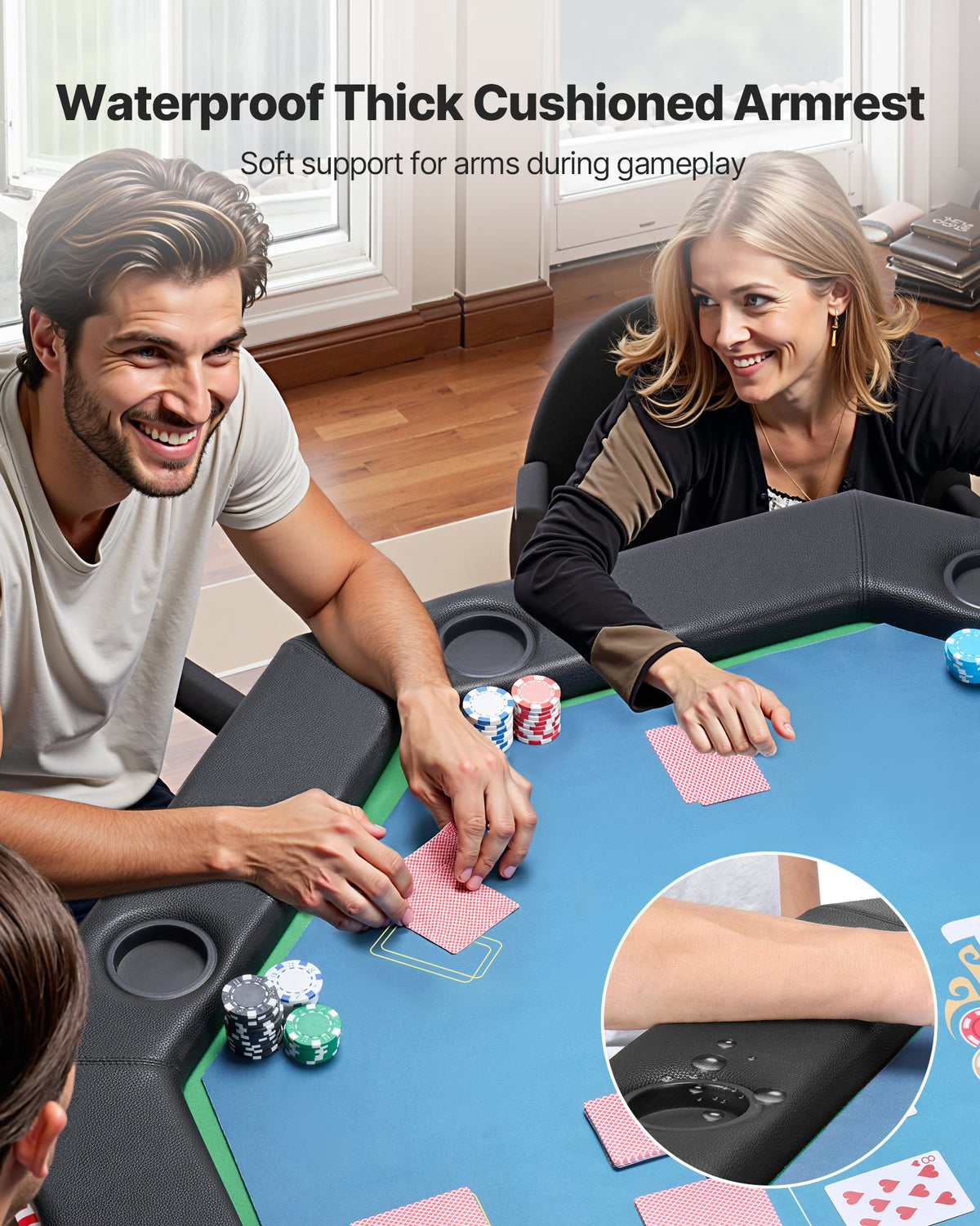Hopfällbart pokerbord, 8 spelares 1220 mm hopfällbart kasinobord med vadderade skenor och mugghållare, åttkantiga bärbara spelbord med filt- och metallben, för Texas Hold'em-spel och Blackjack