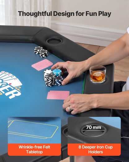 Hopfällbart pokerbord, 8 spelares 1220 mm hopfällbart kasinobord med vadderade skenor och mugghållare, åttkantiga bärbara spelbord med filt- och metallben, för Texas Hold'em-spel och Blackjack