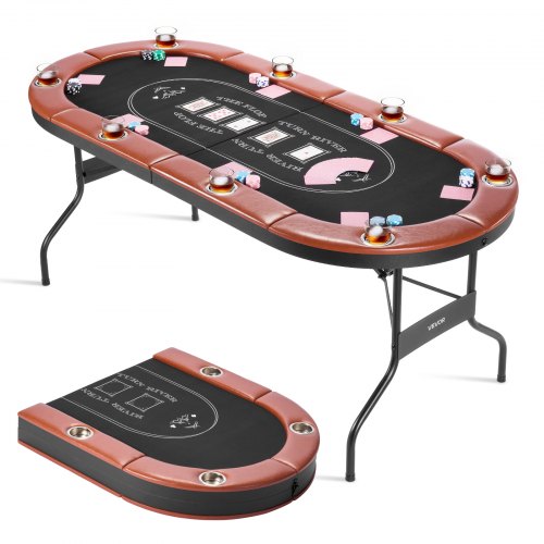 Foldable Poker Table, 8 Player 1828.8 mm Folding Casino Leisure Table with Padded Rails & Cup Holders, Oval Portable Game Tables with Felt & Metal Legs, for Texas Hold'em Game and Blackjack