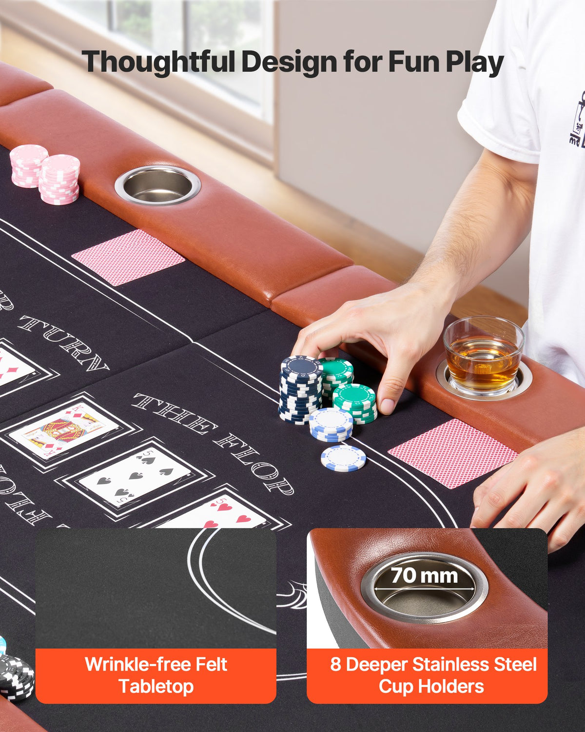 Foldable Poker Table, 8 Player 1828.8 mm Folding Casino Leisure Table with Padded Rails & Cup Holders, Oval Portable Game Tables with Felt & Metal Legs, for Texas Hold'em Game and Blackjack
