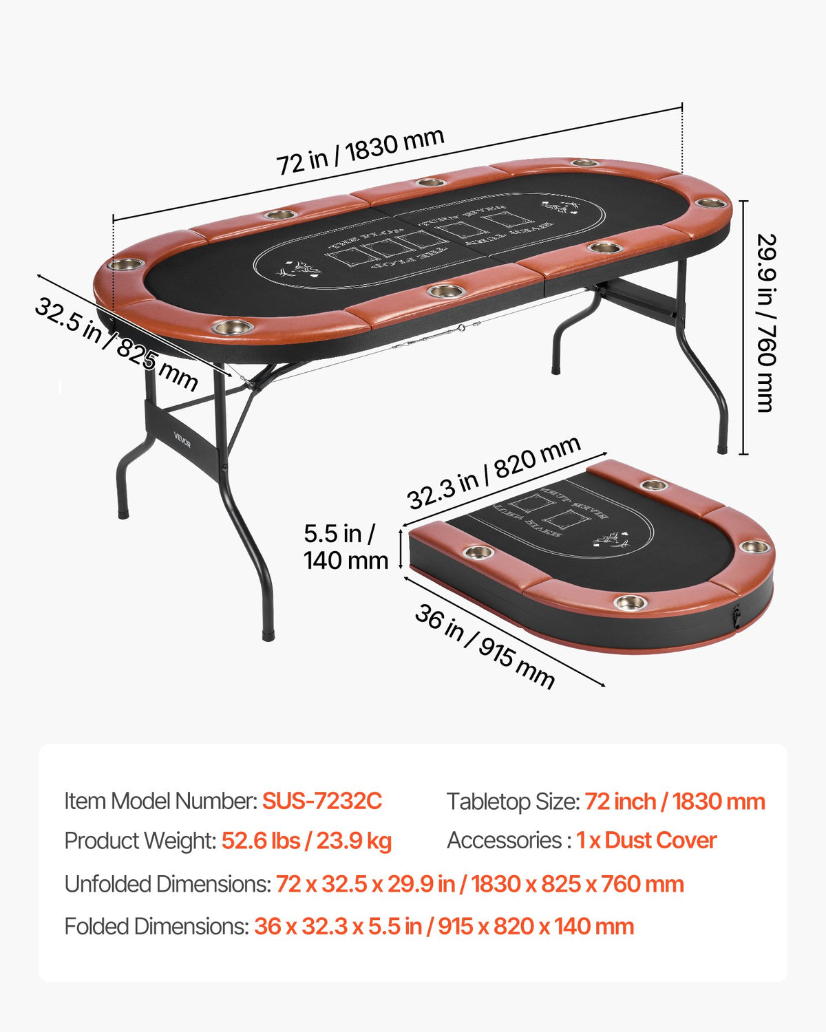 Foldable Poker Table, 8 Player 1828.8 mm Folding Casino Leisure Table with Padded Rails & Cup Holders, Oval Portable Game Tables with Felt & Metal Legs, for Texas Hold'em Game and Blackjack