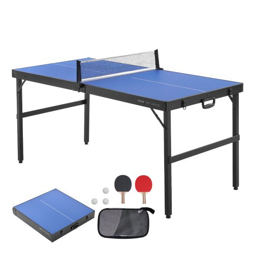 Ping Pong Table, Mid-Size Table Tennis Game, Indoor MDF Table Tennis Table, Foldable Portable Complete Ping Pong Table Set with Net, 2 Paddles, 3 Balls, Carry Bag, Handle (No Assembly Required)