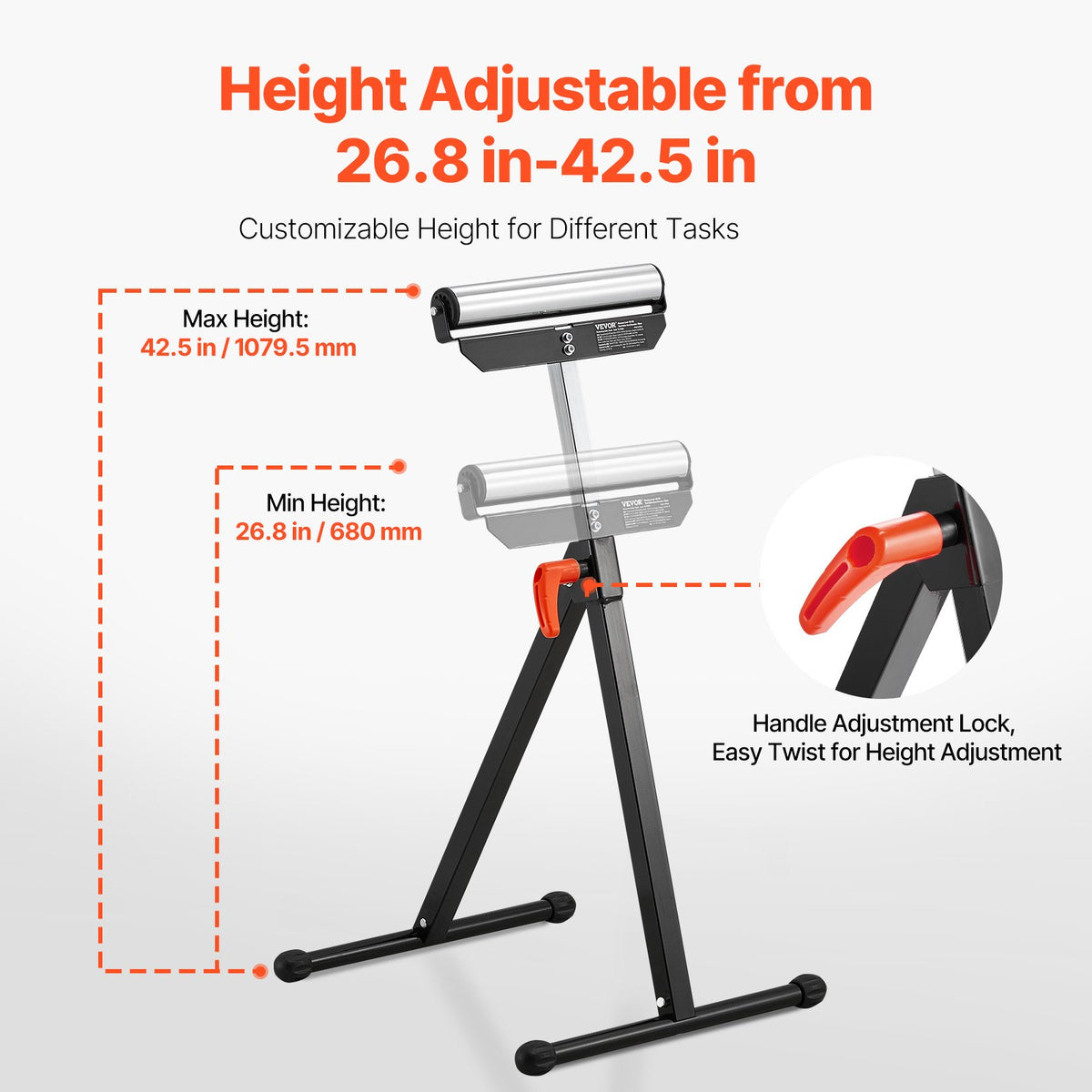 2-pack rullstativ, 135 lb lastkapacitet, 26,8-42,5" justerbar höjd, hopfällbar kraftig design med 11,5" polerat stålrullhuvud, för bordssågens utmatning, träbearbetningsförlängningsstöd