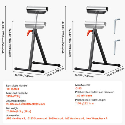 2-pack rullstativ, 135 lb lastkapacitet, 26,8-42,5" justerbar höjd, hopfällbar kraftig design med 11,5" polerat stålrullhuvud, för bordssågens utmatning, träbearbetningsförlängningsstöd