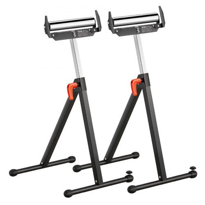 2-pack rullstativ, 113 kg/250 lbs lastkapacitet, 686 mm-1092 mm / 27-43 tum justerbar höjd, hopfällbara kraftiga med rullhuvud i polerat stål och kantstyrningar, för bordssågens utmatning, träbearbetningsförlängningsstöd