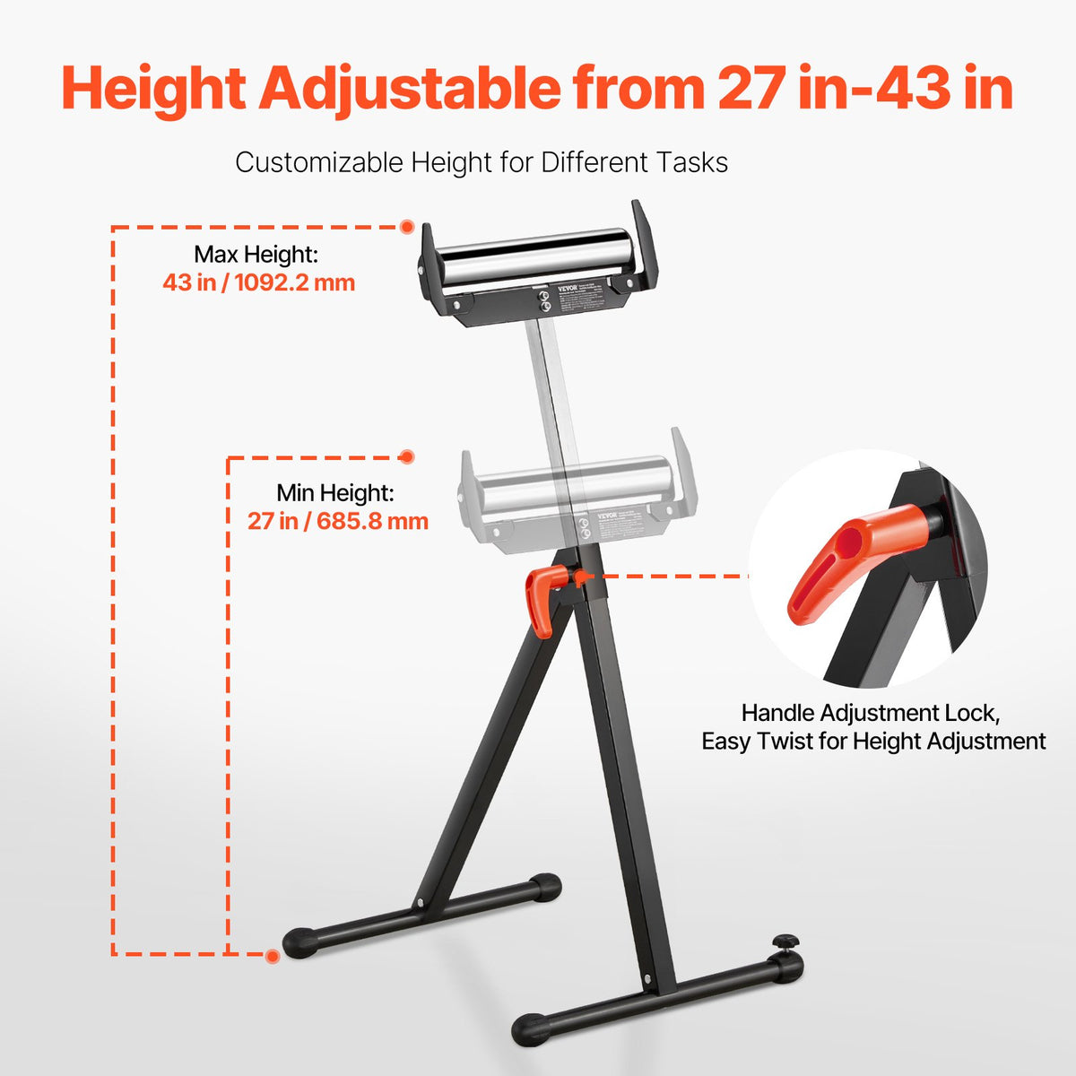 2-pack rullstativ, 113 kg/250 lbs lastkapacitet, 686 mm-1092 mm / 27-43 tum justerbar höjd, hopfällbara kraftiga med rullhuvud i polerat stål och kantstyrningar, för bordssågens utmatning, träbearbetningsförlängningsstöd