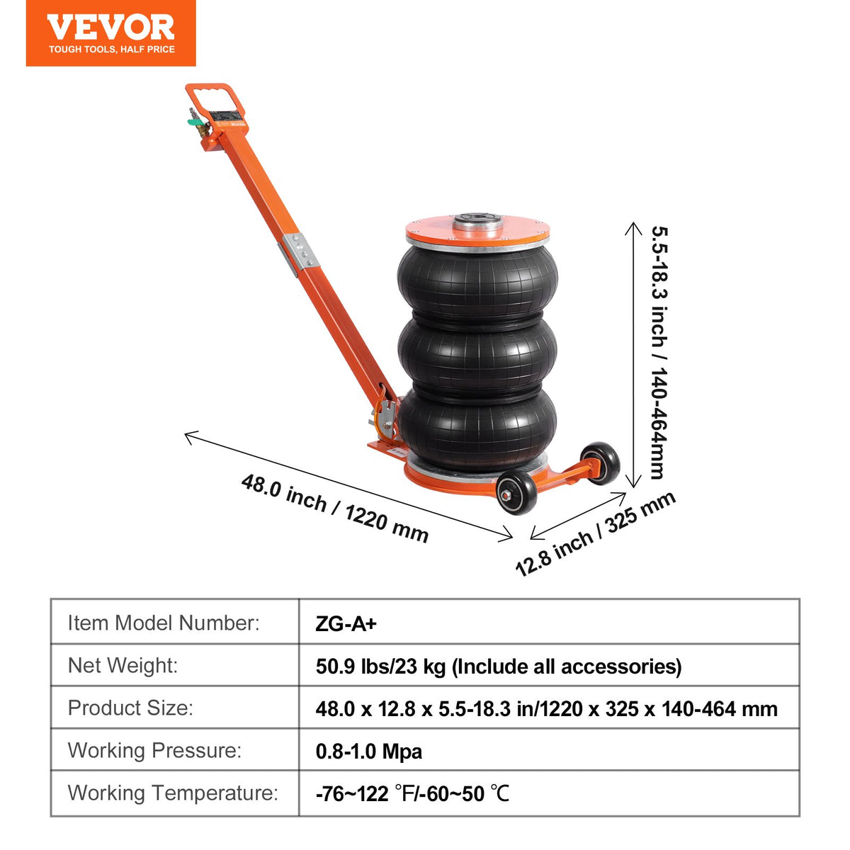 Air Jack, 5 Ton/11000 lbs, 4-10 S Pneumatic Lifting Jack with Heightened Column & Adjustable Handle, Easy-to-Lift & Space-Saving Jack with Thick Rubber Pad, Fits for Sedan, SUV, Pickup Truck