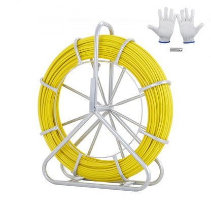 Fisktejp glasfiber, 129,5 m, 6,4 mm, kanalstång fisktejptrådsavdragare, kabeldragningsstång med stålrulleställ, 3 draghuvuden, fiskeverktyg för väggar och elrör, icke-ledande