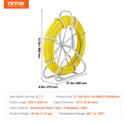 Fisktejp glasfiber, 200 m, 6,35 mm, kanalstång fisktejptrådsavdragare, kabeldragningsstång med stålrulleställ, 3 draghuvuden, fiskeverktyg för väggar och elrör, icke-ledande