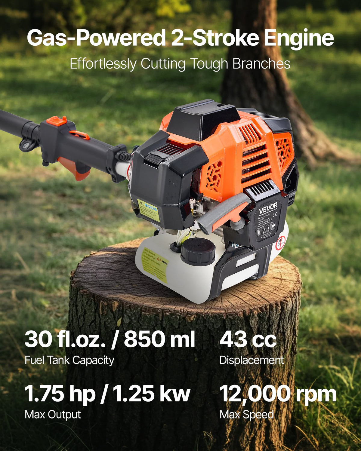 Bensindriven stångsåg, 43CC 2-takts bensindriven stångsåg med 25,4 cm skärsvärd, sladdlös trädtrimmer med roterbart huvud, 2,1 till 3,6 m utdragbar, kraftfull motorsåg för trädbeskärning