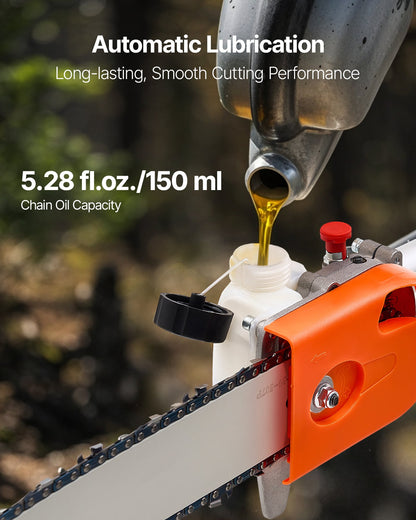 Bensindriven stångsåg, 43CC 2-takts bensindriven stångsåg med 25,4 cm skärsvärd, sladdlös trädtrimmer med roterbart huvud, 2,1 till 3,6 m utdragbar, kraftfull motorsåg för trädbeskärning