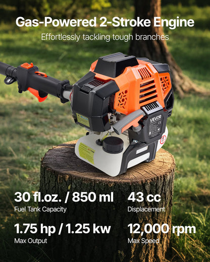 Bensindriven stångsåg, 33CC 2-takts bensindriven stångsåg med 20,3 cm skärsvärd, sladdlös trädtrimmer med 850 ml bränsletank, 2,08 till 3,58 m utdragbar, kraftfull motorsåg för trädbeskärning