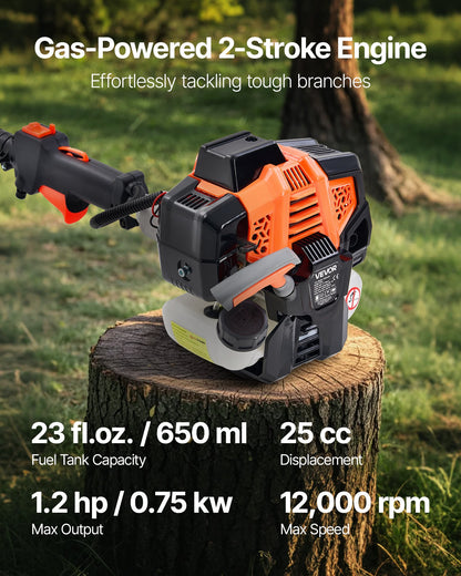 Bensindriven stångsåg, 25CC 2-takts bensindriven stångsåg med 30,5 cm skärsvärd, sladdlös trädtrimmer med 650 ml bränsletank, 2,12 till 3,62 m utdragbar, kraftfull motorsåg för trädbeskärning
