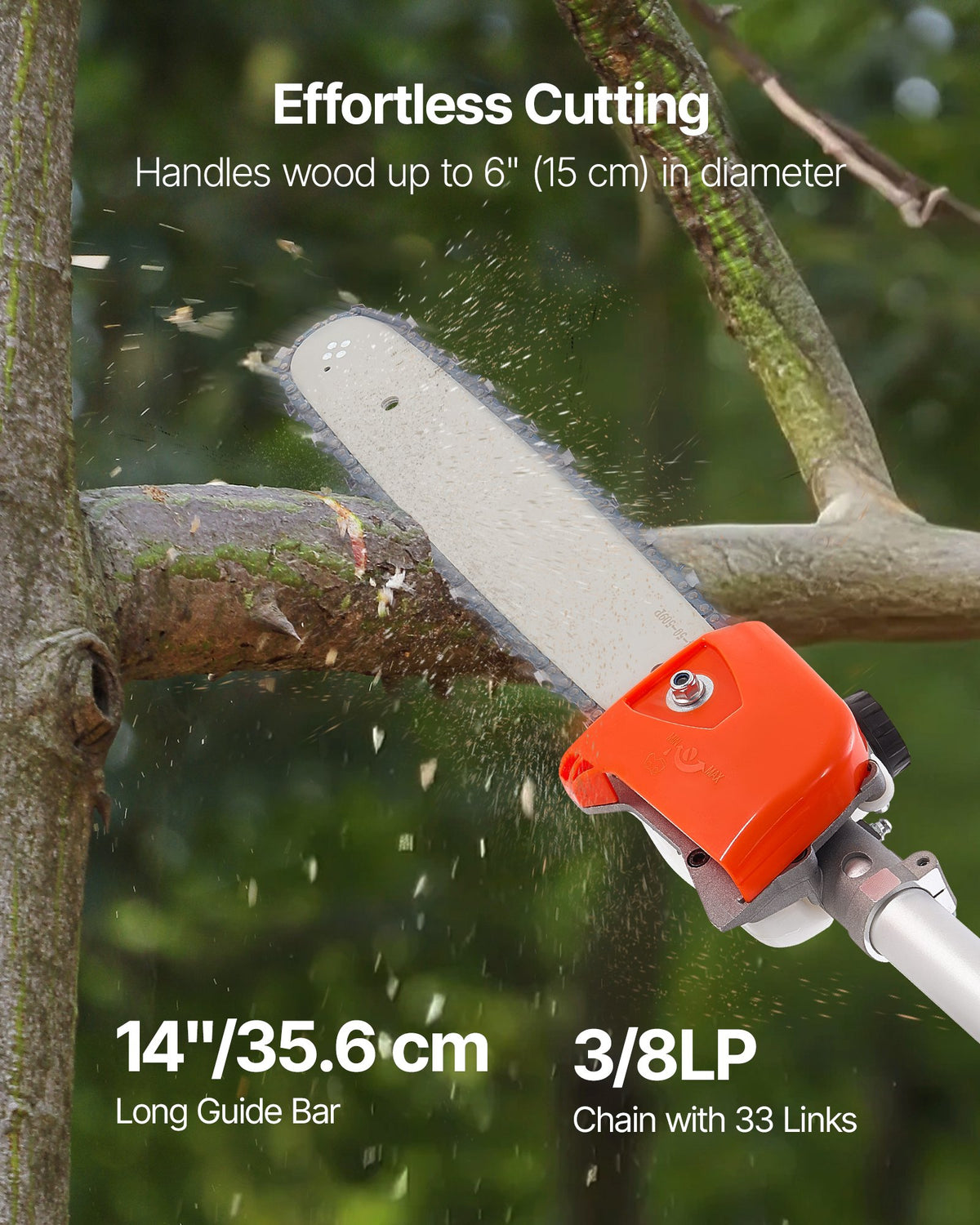 Bensindriven stångsåg, 33CC 2-takts bensindriven stångsåg med 35,6 cm skärsvärd, sladdlös trädtrimmer med 850 ml bränsletank, 2,2 till 2,94 m utdragbar, kraftfull motorsåg för trädbeskärning