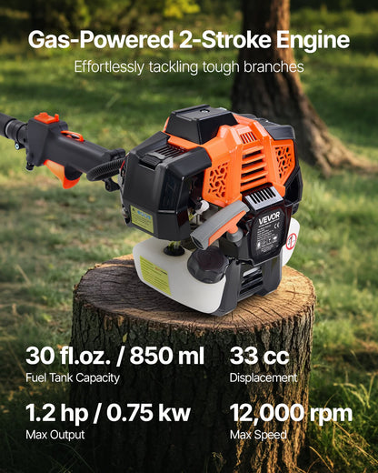 Bensindriven stångsåg, 33CC 2-takts bensindriven stångsåg med 20,3 cm skärsvärd, sladdlös trädtrimmer med 850 ml bränsletank, 2 till 3,5 m utdragbar, kraftfull motorsåg för trädbeskärning