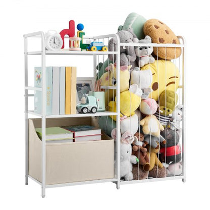 Kids Bookshelf and Stuffed Animal Storage, Toy Storage Organizer, 2-Tier Book Shelf with Fabric Toy Chest, Toy Storage for Kids Room, Living Room, Entryway, Nursury, Preschool, White