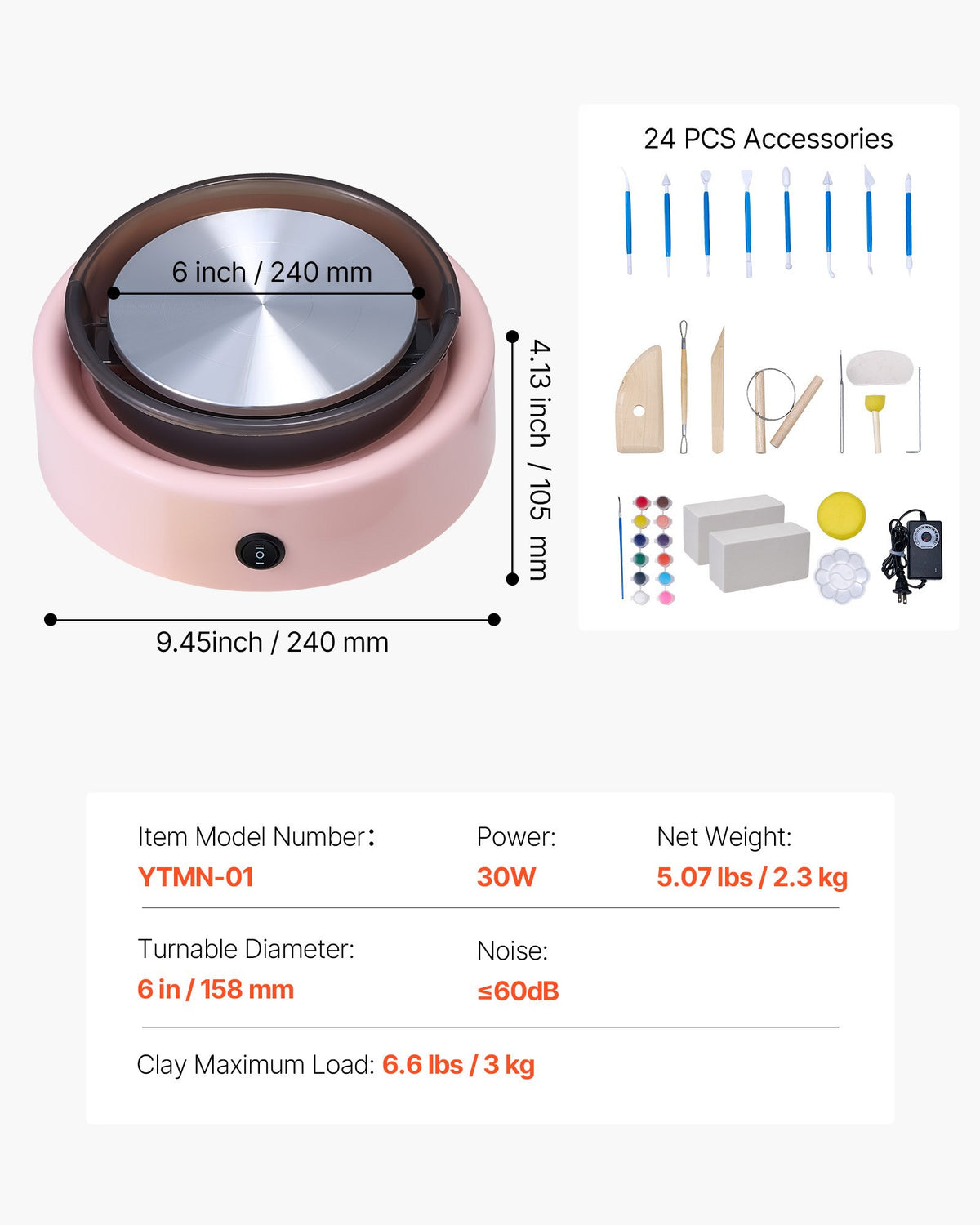 Mini lerhjul, 158 mm roterande tallrik, framåt- och bakåtrotation, justerbar hastighet, elektrisk lerhjul för barn och nybörjare, med formverktyg, för hemmafix, keramikkurser, rosa