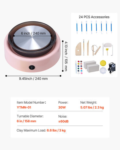 Mini lerhjul, 158 mm roterande tallrik, framåt- och bakåtrotation, justerbar hastighet, elektrisk lerhjul för barn och nybörjare, med formverktyg, för hemmafix, keramikkurser, rosa