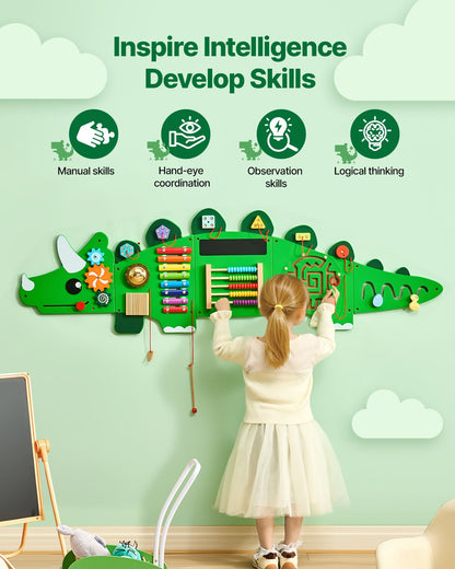 Aktivitetstavla med dinosauriemotiv, 11 aktiviteter, Montessori sensorisk väggleksak för barn 3-12 år, Montessori aktivitetscenter, perfekt för småbarnslekrum, barnrum och klassrum