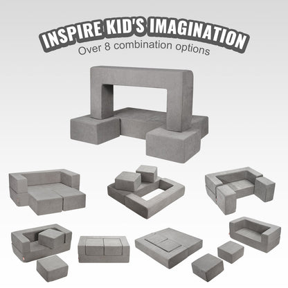 Kids Couch, 4Pcs Modular Kids Play Couch, Toddler Couch Sofa Bed, Kids Chair Seat Playroom Furniture, Child Sectional Sofa with Removable Cover for Kids Girls & Boys, Grey