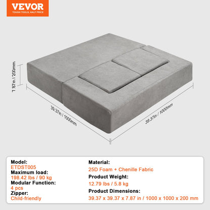 Kids Couch, 4Pcs Modular Kids Play Couch, Toddler Couch Sofa Bed, Kids Chair Seat Playroom Furniture, Child Sectional Sofa with Removable Cover for Kids Girls & Boys, Grey