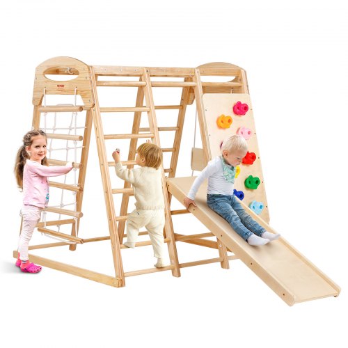 Inomhus klättergym, 7-i-1 inomhuslekplats för småbarn, 109 x 120 x 119,5 cm, med trä- och repstege, nätstege, gunga, klätterställning, rutschkana, klättervägg, träleksaker för inomhusklättring för barn
