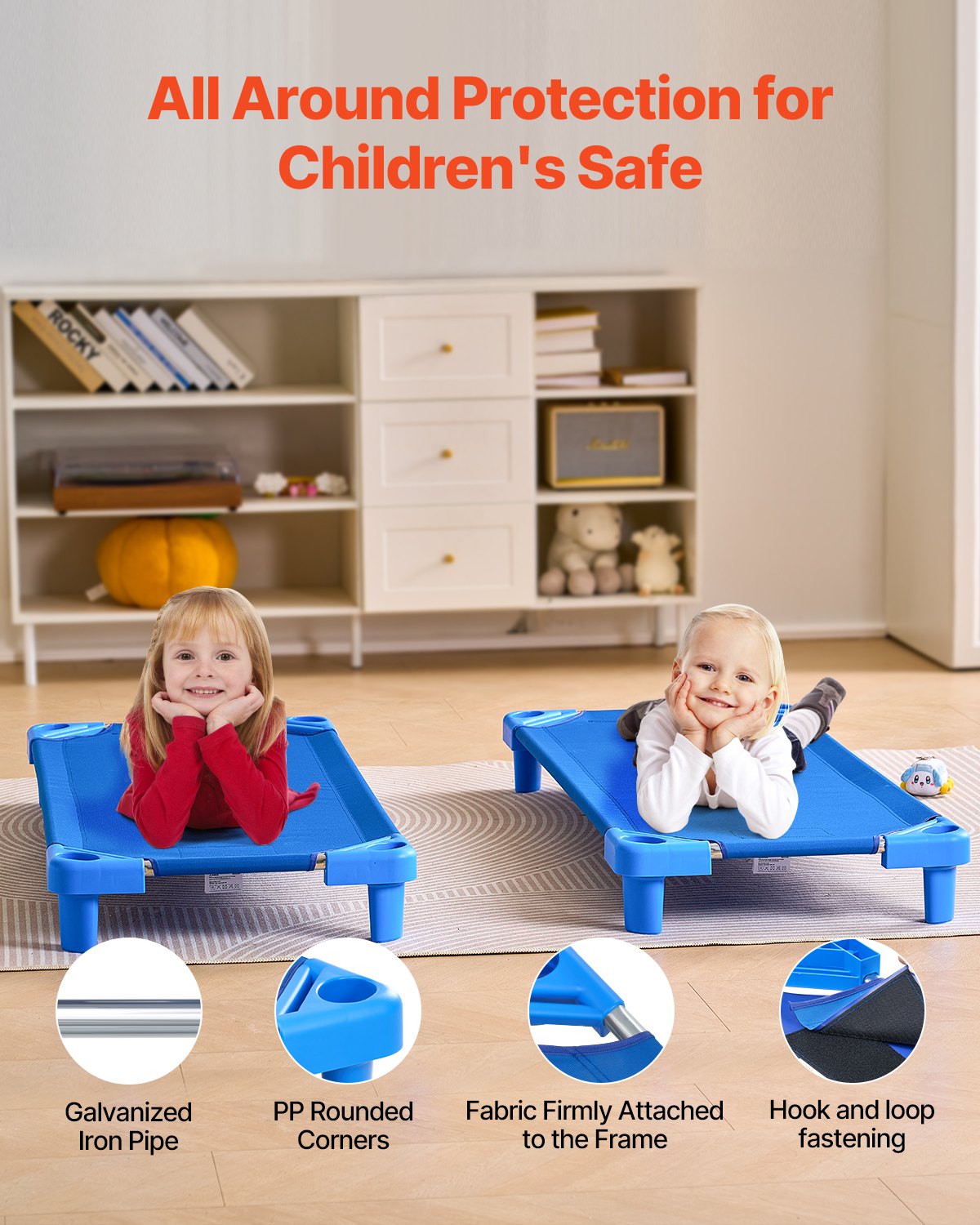 Stackable Kiddie Cot, Pack of 6, Portable Toddler Nap Cots, Standard Size 52" L x 23" W Daycare Cots for Kids, Preschool Classroom Daycare Beds for Sleeping, Resting, Naptime, Blue