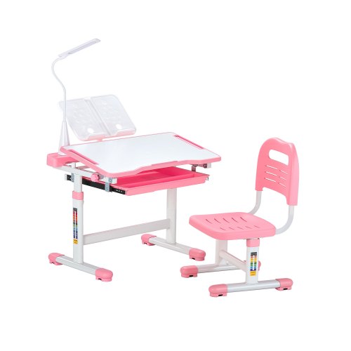 Barnstol och skrivbordsset, skrivbord och stol för barn med bordslampa, justerbar höjd och 0-40° lutande skrivbordsbord och stol, barnstudiebord för sovrum och studierum, rosa